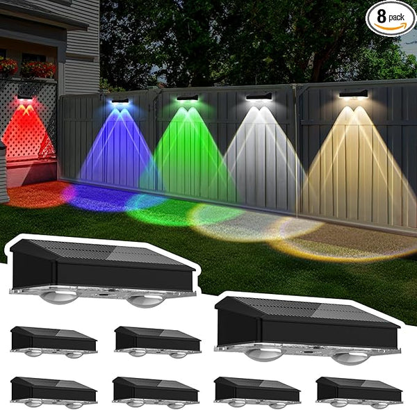 Solar Fence Lights Outdoor 8 Pack, Warm White & Cool White & 6 Colored+RGB Color Changing, High Brightness LED Spot | Lumora