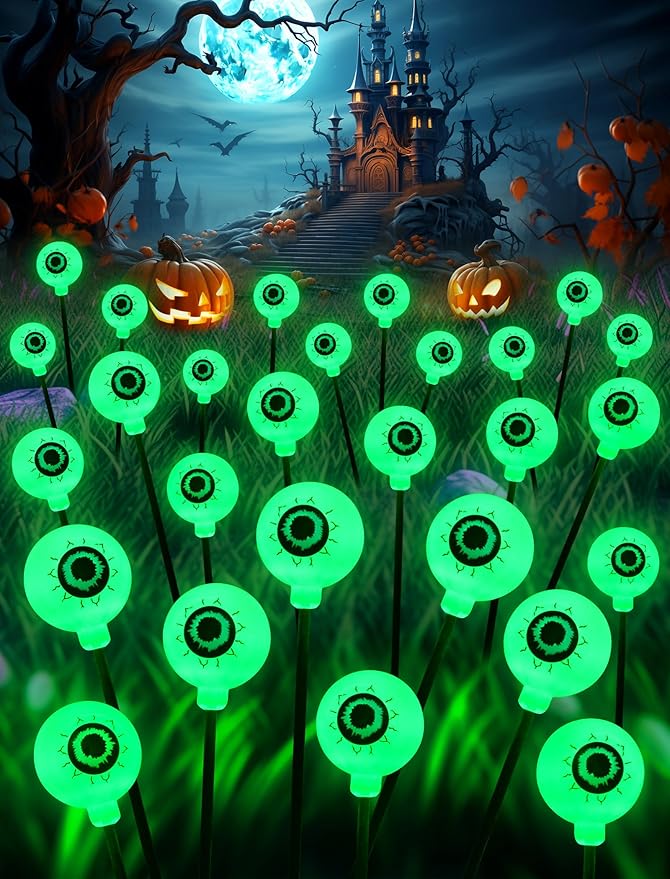 KerKoor Solar Halloween Lights Outdoor Decorations - 4 Pack 32 LED Solar Eyeball Lights LED Scary Eyeballs Halloween Light for Yard, Outside, Pathway, Walkway, Landscape, Garden, Party Decor (Green)
