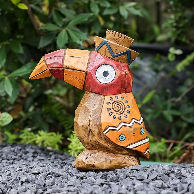 Solar Tiki Statue-WoodWoodpecker Bird-Garden Hawaiian - Solar Outdoor Light Garden Sculptures & Statues Totem Pole | Lumora