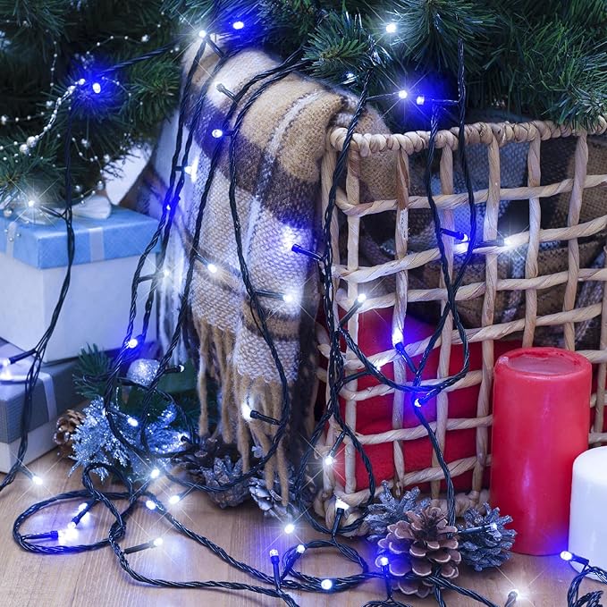 Christmas Lights Outdoor, 66FT 200 LED Christmas Tree Lights with 8 Modes Waterproof, Green Wire Plug in String Light for Indoor Patio Garden Xmas Party Wedding Holiday Decor, Blue and White