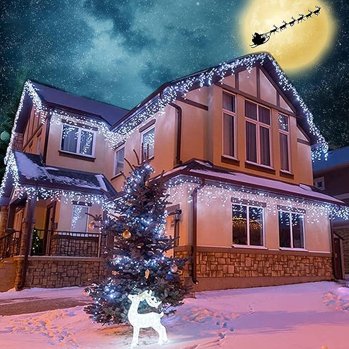 Joomer Christmas Icicle Lights - 66FT String Lights Outdoor Waterproof, 8 Modes Timer Connectable Plug-in String Light for Eaves, Roofs, Christmas Decorations (White, Non-Connectable)