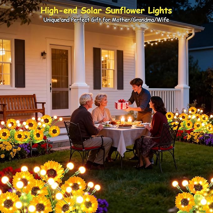 Garpar Garden Lights Solar Powered, Upgraded 4 Pack Bigger Solar Sunflowers with Swaying Firefly Lights, Brighter Waterproof Solar Yard Lights for Outdoor Garden Pathway Patio Lawn Backyard, Gift