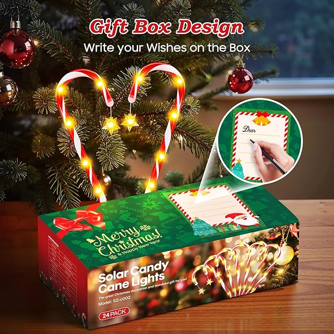 24 Pack Upgraded Solar Candy Cane Lights Outdoor, Christmas Decorations Outdoor Solar Christmas Pathway Lights Waterproof with USB Charging 10 Modes for Yard Garden Lawn Path Walkway Party Xmas Decor
