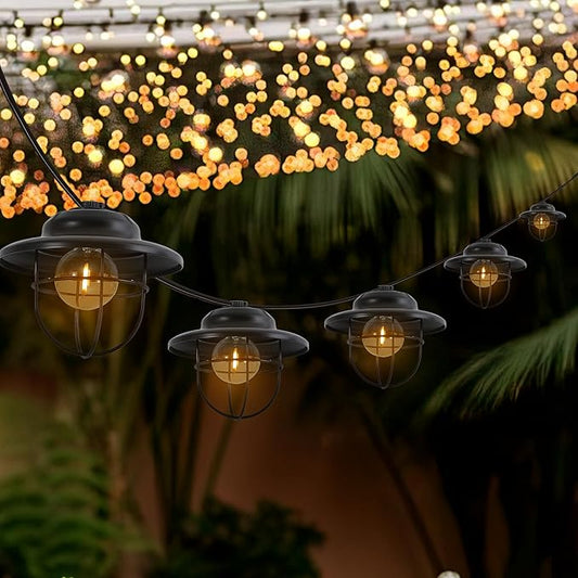 JONATHAN Y JYL8703A-SET2 Indoor Outdoor Rustic Farmhouse LED G40 Metal Cage Shade String Lights Garden Patio Backyard Porch Balcony, 10 ft. 10-Light, Black, Set of 2