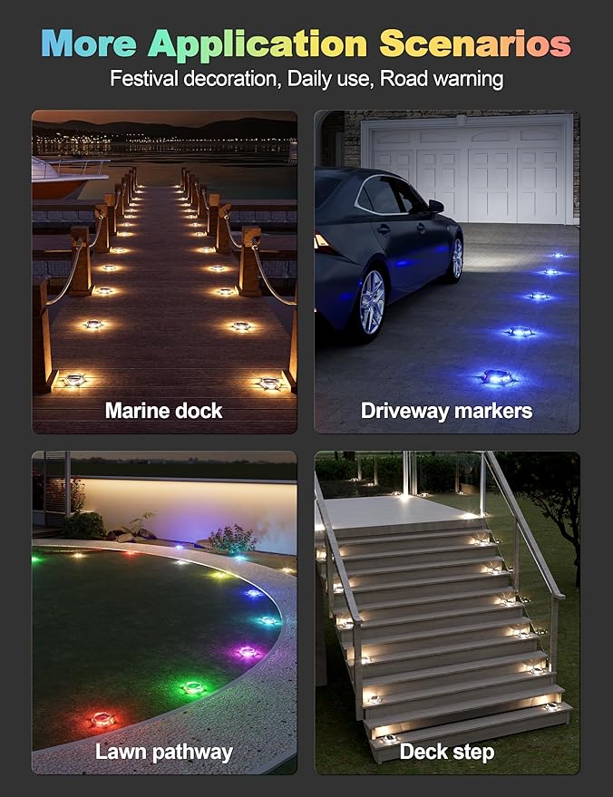 VOLISUN Solar Driveway Dock Deck Markers Marine Lights 4 Pack,9 Colors in 1 Led IP67 Waterproof Outdoor Warning | Lumora