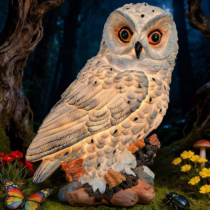 Solar Owl Garden Outdoor Statue,Owl Figurine Sculpture with LED Lights for Porch Patio Lawn Yard Deck Spring Decor - Ideal Easter Day Housewarming Christmas Gift for Women Men Owl Lover(White)