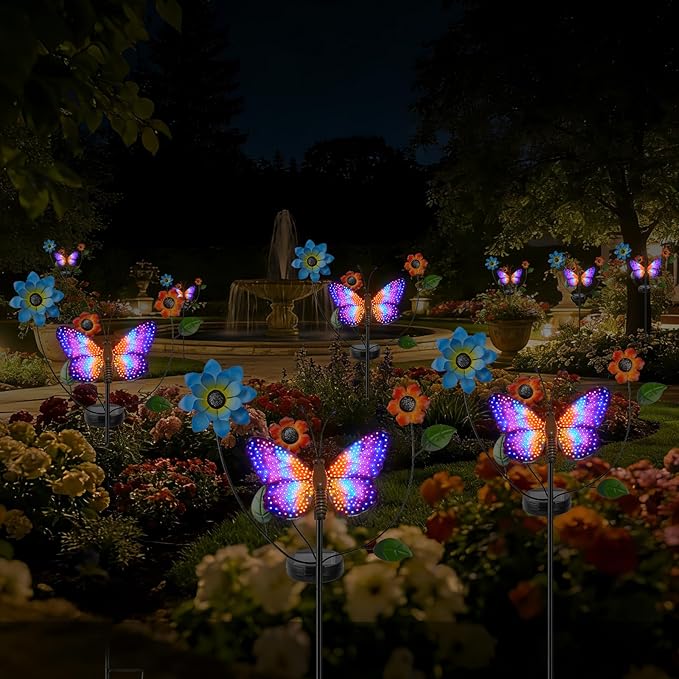 Solar Butterfly Garden Lights, 2 Lighting Modes, Colorful LED with Flower & Butterfly Decor, Waterproof Solar Stake Lights for Garden Yard Patio Lawn Pathway (Purple)