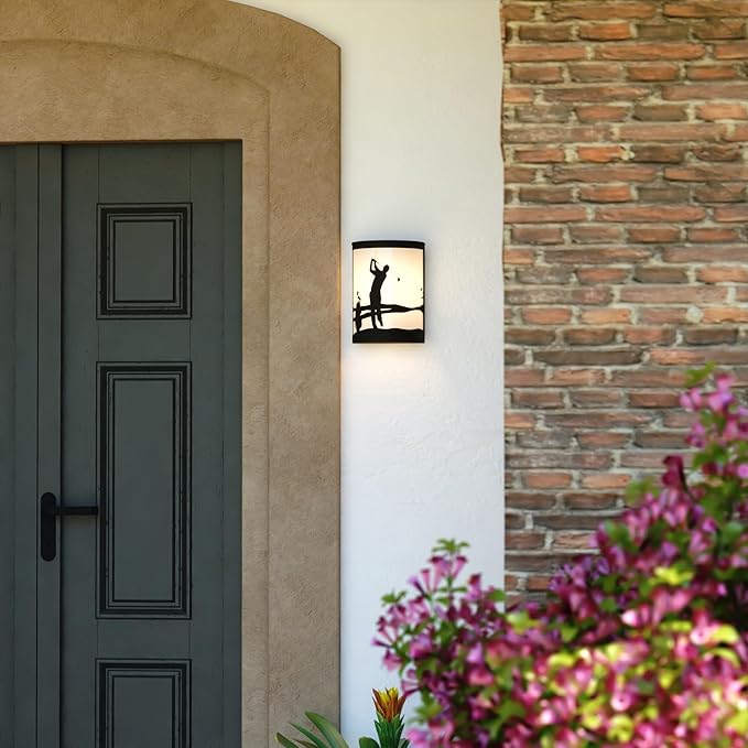 VAXCEL Links 1-Light 8 in. Wide Black Indoor-Outdoor Flush Mount Wall Sconce with Metal Golfer Cutout and Frosted | Lumora