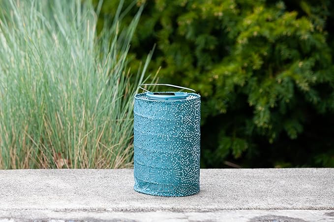 Allsop Soji Stella - Tin Art' Punched Luminaria - Cylinder - 7.5" - Outdoor Solar Latern - Metallic Emerald | Lumora