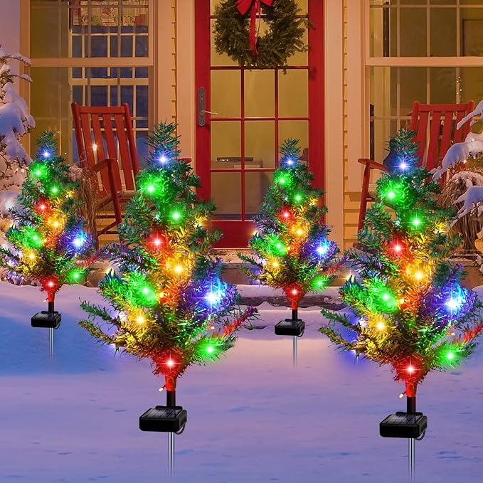 Solar Christmas Tree 4 Pack Garden Stake Light Waterproof Outdoor Christmas Decorations,2 Modes Solar Xmas Christmas Lights for Yard Front Porch Pathway Grave Garden Decor