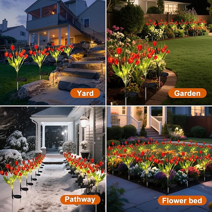 Aolyty Solar Garden Lights Outdoor, Solar Tulip Lights 2 Pack with 14 Tulip Flowers, IP65 Waterproof LED Stake Light for Pathway Patio Yard Landscape Decorative (Red)