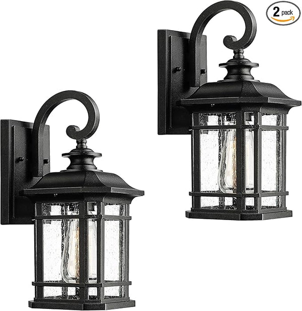 Emliviar Outdoor Wall Lanterns 2 Pack, 1-Light Exterior Wall Mount Light, Black Finish with Clear Seedy Glass | Lumora
