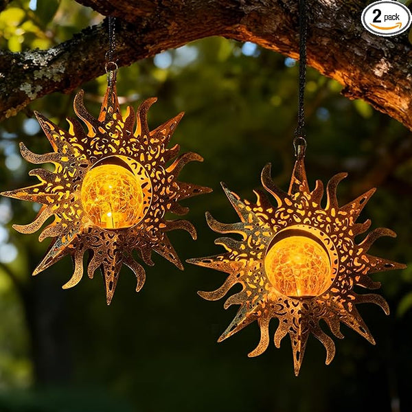 2 Pack Garden Decor Hanging Lanterns Outdoor Waterproof,Solar Lights Metal Sun Gifts Decoration for Yard Clearance | Lumora