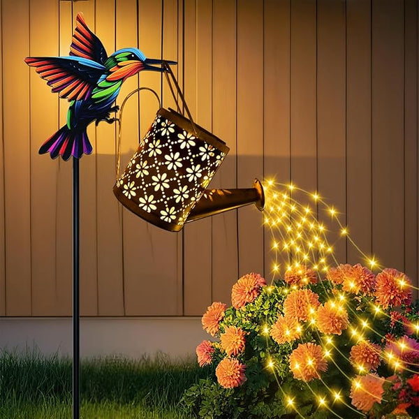 Solar Watering Can with Cascading Lights Outdoor Garden Decor, Hummingbird Shaped Hook Gardening Gifts for Mom | Lumora