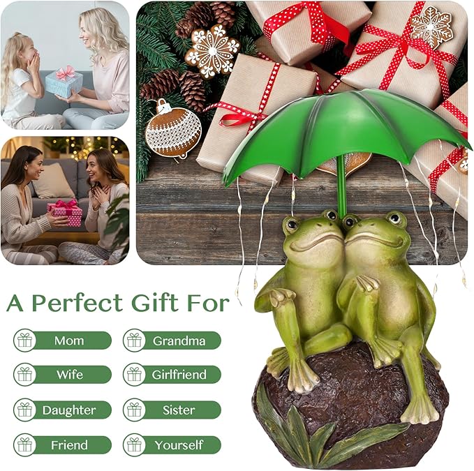 Solar Garden Statues Decor Frog Couple with LED Lights and Umbrella, Spring Outdoor Garden Statues, Frog Statue for Patio, Balcony, Housewarming, Yard Ornaments Gifts for Women