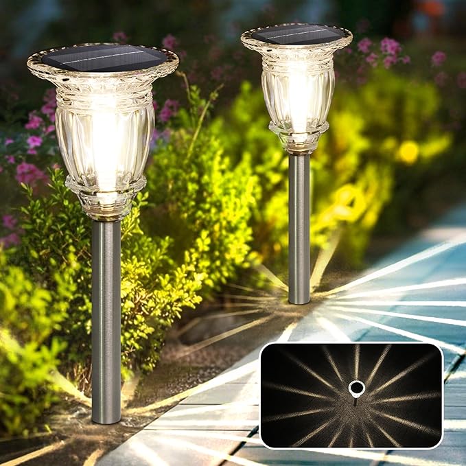 Solar Pathway Lights Outdoor 2 Pack, Warm White Glass and Stainless Steel Tungsten Heavy Duty Garden lights, 17.3" | Lumora
