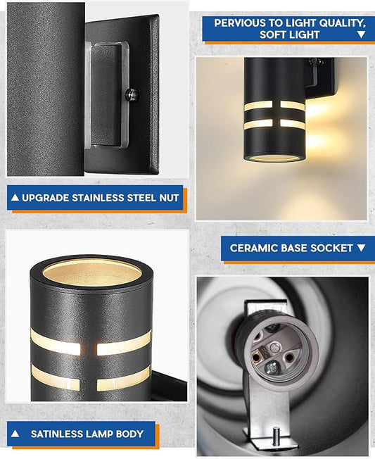 TENGXIN 2 Pack Patio Wall Light,Modern Outdoor Wall Sconce with Stainless Steel Cylinder, Wall Mount Light Exterior Lighting Fixtures Black