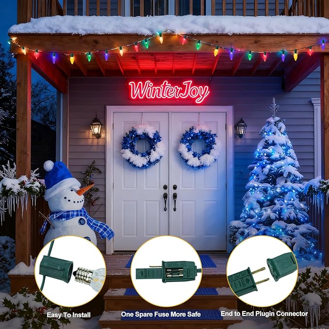 C9 LED Christmas Lights Outdoor 50FT with 50 Pcs(+2 Spare) C9 E17 Base Color Holiday Decor Bulbs for Indoor & Outdoor Use, Connectable, Weatherproof for Roof Decoration.