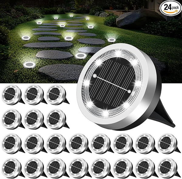 Mini Solar Ground Lights Outdoor 24 Pack Waterproof Upgraded Anti-Rust Solar Flat Garden Lights Stainless Steel | Lumora