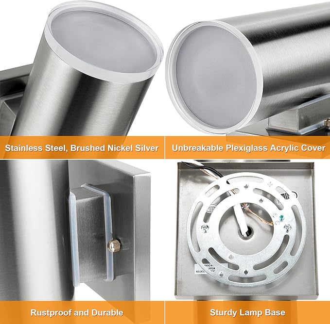 Outdoor Wall Sconce, Waterproof Corridor Wall Light with Stainless Steel 304 and Unbreakable Clear Plexiglass Acrylic Lamp Cover, Brushed Nickel Finished, E26, 13" Height, UL Listed, 1-Pack