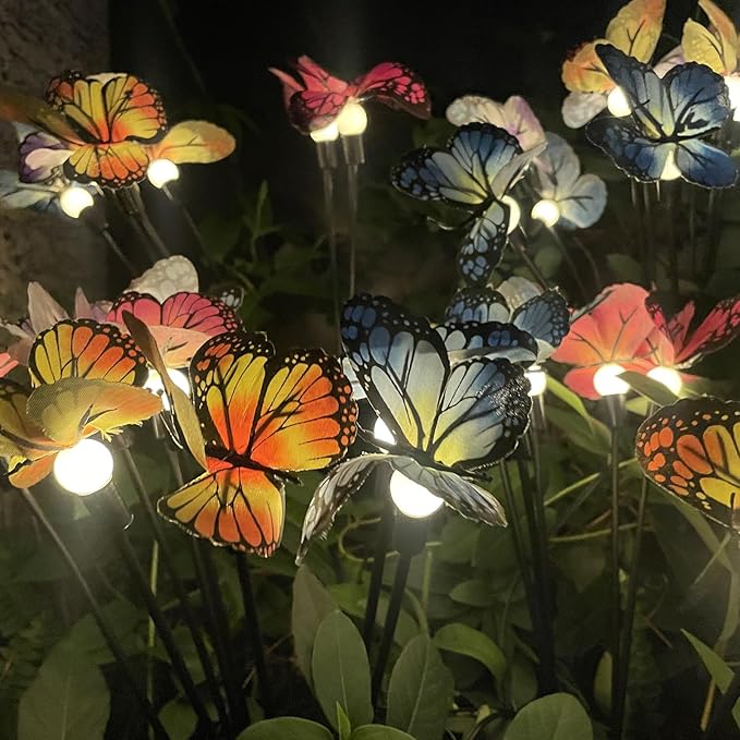 Solar Garden Lights Outdoor Waterproof 4 Pack Solar Power Firefly Butterfly Lights Swaying in The Wind 8 Modes 32LED Realistic Butterflies Gifts for Mom Grandma Yard Patio Pathway Decorations, Warm