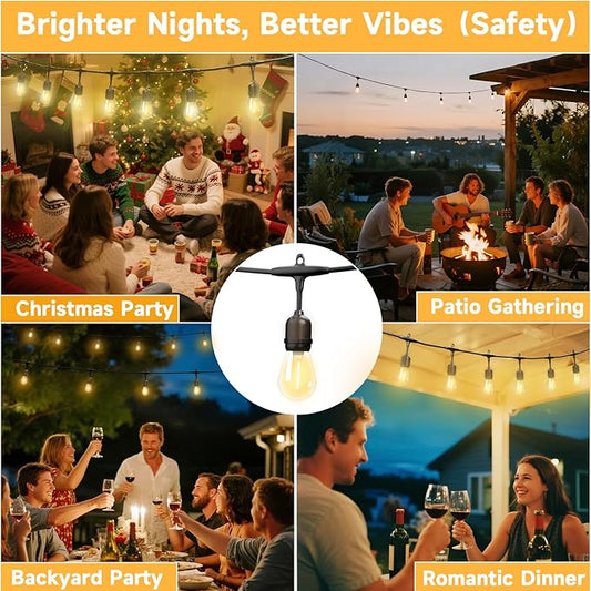 Outdoor Safety String Lights 100FT - Commercial Grade Low Voltage Strand with 40 S14 Shatterproof Bulbs for Tree Garden Yard bistro Cafe | Warm Yellow 3500K Party Lights | IP65 Waterproof | UL Listed