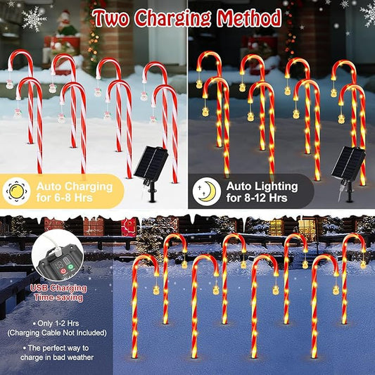 Lewondr 41" Solar Christmas Candy Cane Lights Outdoor, Upgraded Pathway Stake Lights, 8 Modes Control, 96 LED Beads, Waterproof Solar and Type-C Charging Outside Decor for Yard Patio Holiday, 8Pack