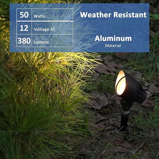 Low Voltage Landscape Spotlight 50W Halogen Floodlight 12V Metal Landscape Light 380 Lumen 3000K Warm White with Replaceable Bulb, Spike Stake and Connector for Garden, Yard, Lawn, Driveway