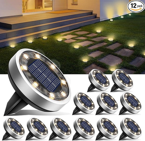 btfarm 12 Pack Solar Lights Outdoor, 8 LED Solar Ground Lights IP65 Waterproof Flat Solar Disc Light, Pathway | Lumora