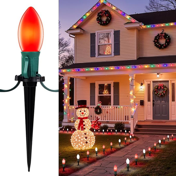 Frosted C9 Christmas Lights Outdoor, 25.7 Ft Christmas Pathway Lights with 20 LED Bulbs and Stakes, Connectable | Lumora