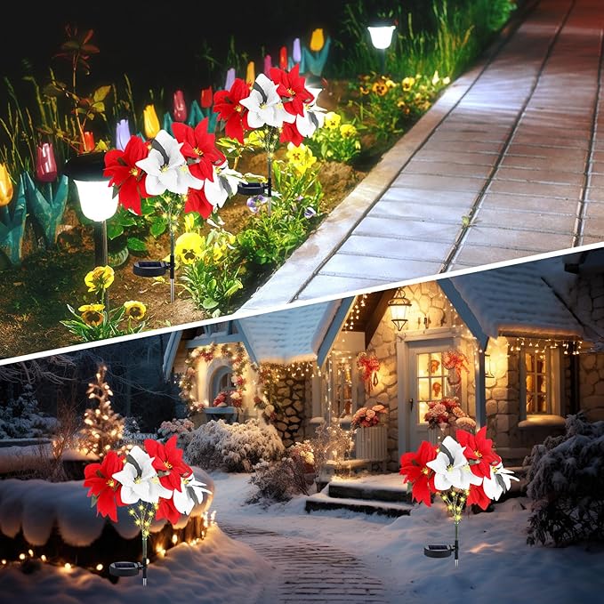 VIHOSE 4 Pcs Christmas Solar Poinsettia Lights Outdoor Artificial Flowers Landscape Waterproof Solar Poinsettia Lights for Yard Lawn Patio Garden Pathway Xmas Party Supplies (7 Flowers,Red,White)