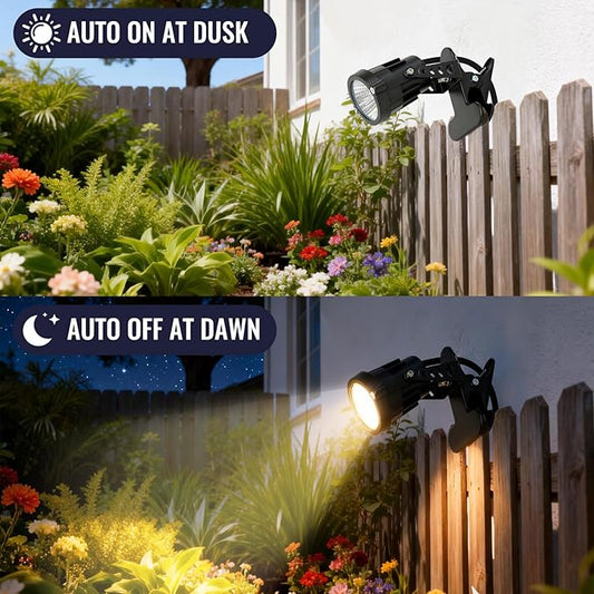 TAYSING Dusk to Dawn Outdoor Landscape Spot Lights with Clip, 9W 800LM Plug in Spotlight, 3000K Warm White, IP66 Waterproof with 5FT Cord for Garden Tree Flag Pathway Patio, 2 Pack