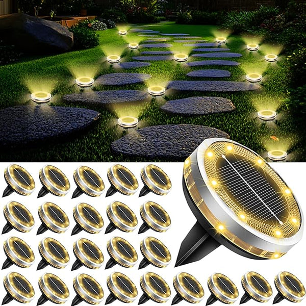Solar Ground Lights Outdoor 26 Pack Waterproof, Upgraded Solor Garden Lights with 4 Side Light, Stainless Steel | Lumora