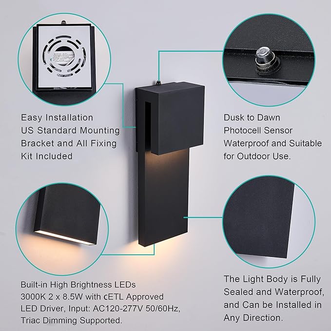 Dusk to Dawn Outdoor Lighting Fixture Wall Mount,Modern Integrated LED 2-Light 17W, Exterior Sensor Front Porch Light,Textured Black,Anti Rust Outside Wall Lights for House,Doorway,Garage