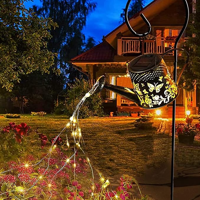Solar Watering Can Lights Outdoor Garden, LED Butterfly Fairy Light Hanging Waterproof Butterfly Pattern Design,Decorative Retro Shower Lights for Garden Table Patio Yard Pathway Walkway(with Bracket)