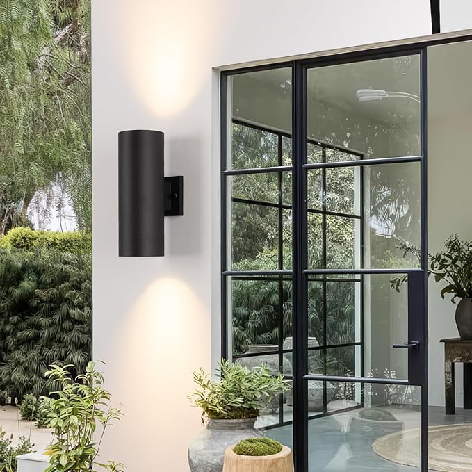 mirrea 14" Modern Outdoor Porch Light Patio Light in 2 Lights with Aluminum Cylinder and Tempered Glass Cover | Lumora