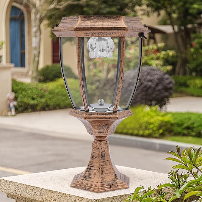 Retro Solar Powered Pillar Lights Outdoor Garden LED Lamps Bronze Aluminum Solar Lamps Waterproof LED Landscape Light Copper Fence Post Solar Lantern for Yard Patio