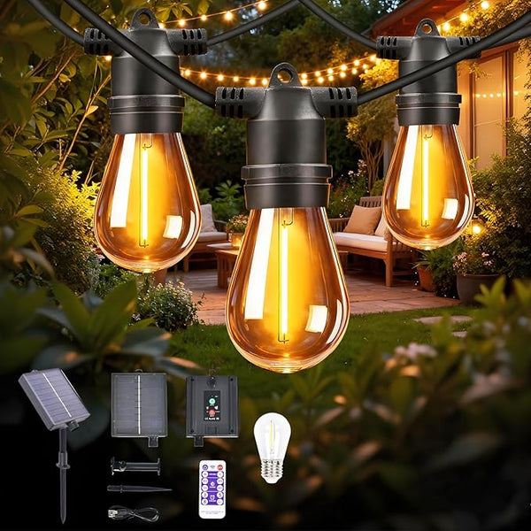 34ft S14 String Lights with 15 Golden Yellow Light Guide Column LED Bulbs – Shatterproof Waterproof E26 for Outdoor | Lumora