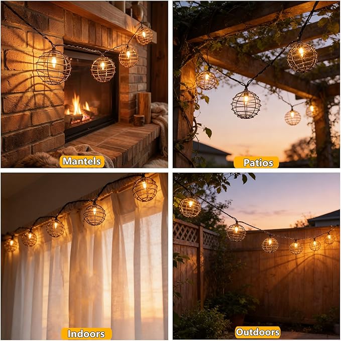 Decorative Indoor Outdoor String Lights, 10 Bulbs Patio Globe Vintage Lantern String Light, Iron Wire Twist Ball Covers, UL Listed Plug In Connectable Lights for Bedroom Porch Backyard Mantel Decor