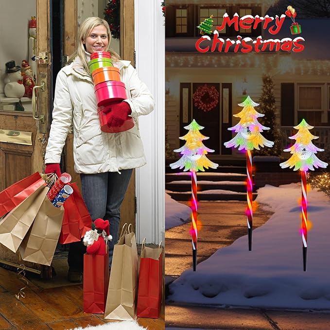 Solar Christmas Pathway Lights Outdoor Decorations, 8 Modes Multicolored Tree Candy Lights, Waterproof Solar Christmas Stake Lights for Yard Walkway Lawn Porch Holiday Decor(3PC)