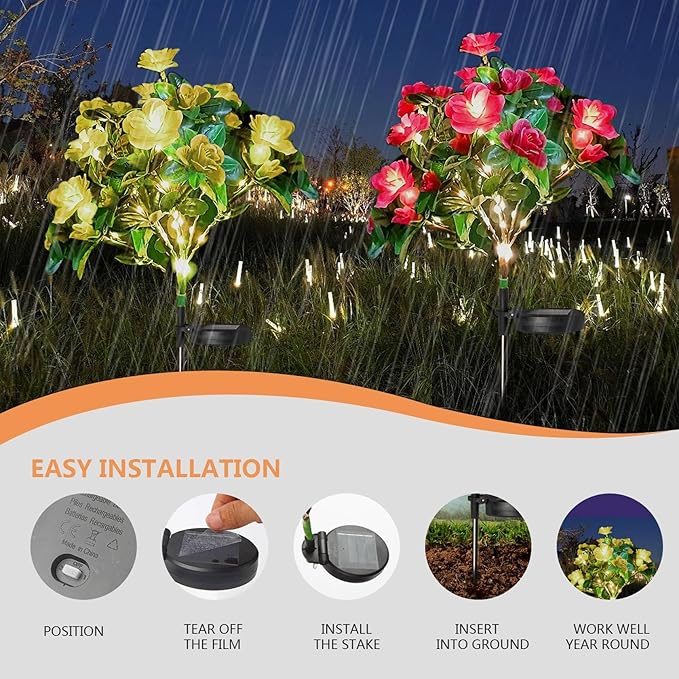AMARS 4 Pack Solar Garden Lights Outdoor Decor, Waterproof Solar Powered Warm White Lights with Colorful Artificial Azalea Flowers for Yard, Pathway, Patio, Porch, Lawn Decorations
