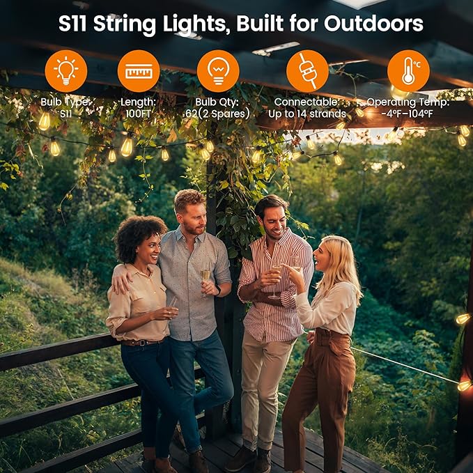 Outdoor String Lights, 100FT Patio Lights with 62 Shatterproof S11 Bulbs (2 Spares), IP65 Waterproof & Connectable, 2200K Warm White LED Hanging Lights for Cafe, Garden, Porch, Party Decor