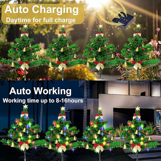 Solar Christmas Tree Pathway Stake Lights, 4 Pack Outdoor Christmas Tree Decorations, Multicolor 8 Lighting Modes Waterproof Solar Powered Lights for Outside Garden Yard Cemetery Xmas