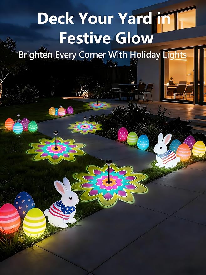 Solar Pathway Lights Outdoor, 8 Pack 1200mAh Solar Powered Garden Lights, 2 Themes Flower & Christmas, Height-Adjustable, Waterproof LED Projection Lighting for Yard Walkway Driveway Patio Decor