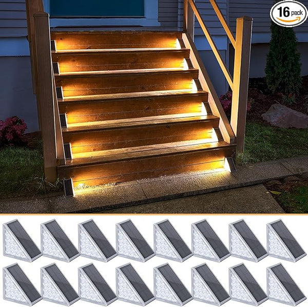 NIORSUN Solar Step Lights 16 Pack - Outdoor Stair Lights with 3000K Warm White & 6000K Cool Daylight, IP67 | Lumora
