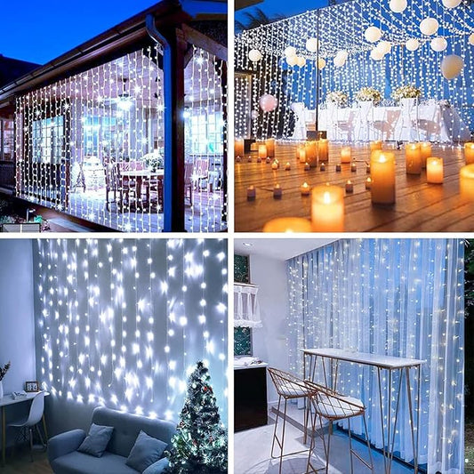 300LED Solar Curtain Lights - Outdoor/Indoor Solar String Lights with 8 Modes & Waterproof Design for Home Garden Patent Decoration (Cold White)