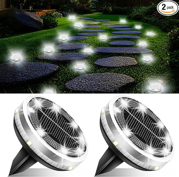 Solar Ground Lights Outdoor 2 Pack Waterproof, Upgraded Solar Garden Lights with 4 Side Light, Stainless Steel | Lumora