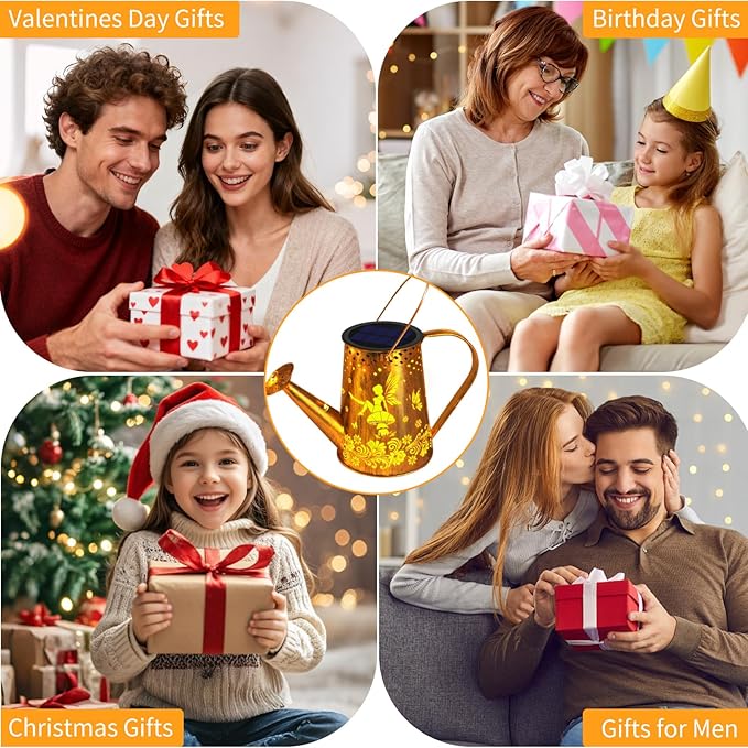YJFWAL Solar Watering can with Lights, Unique Gifts for Mom Grandma Women Birthday, Waterproof Gardening Gifts Watering Can with Cascading Lights Outdoor Decor for Garden Patio Yard Pathway