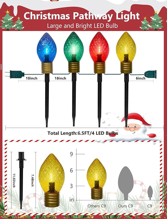 Jumbo C9 Christmas Pathway Lights Outdoor, 6.5Ft C9 Giant Christmas Walkway Lights with 4 LED Strawberry Multicolor Bulbs, Jumbo Yard Decoration Stakes Lights for Outside Lawn Garden Driveway Holiday