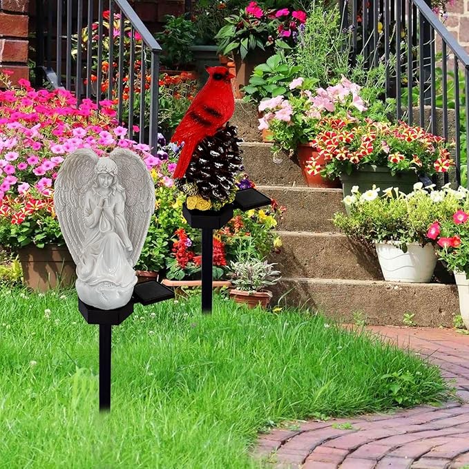 Solar Garden Angel/Cardinal Lights, Waterproof Outdoor Garden Statue Decorations Solar Lights for Cemetery Gravesite Grave Outside Yard Patio Lawn Porch
